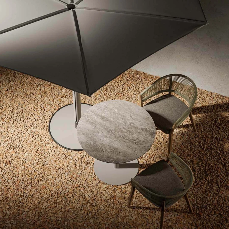 Distinguished Royal Botania Anamon sunshade with a flower-like unfolding canopy in dark gray textile and white satin metal frame