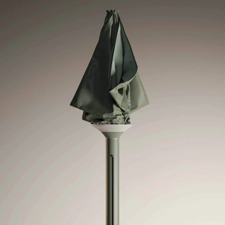 Superior Royal Botania Anamon sunshade crafted with a grayish-green satin canopy and sleek metal pole offering integrated warm white lighting