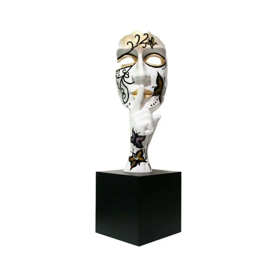 Sculpture by Juliarte in white stone powder and fiberglass blend with glossy finish, featuring gold details and black patterns