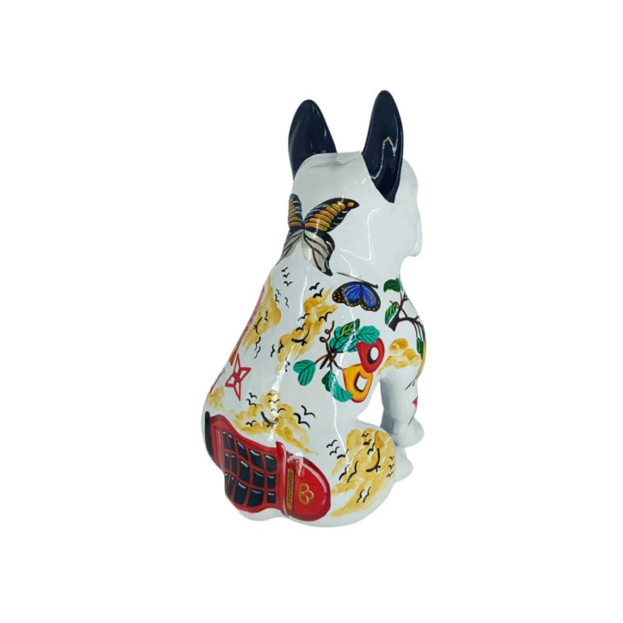 Luxury Juliarte Seated Bulldog sculpture hand-painted with butterfly motifs in stone powder and fiberglass with glossy finish