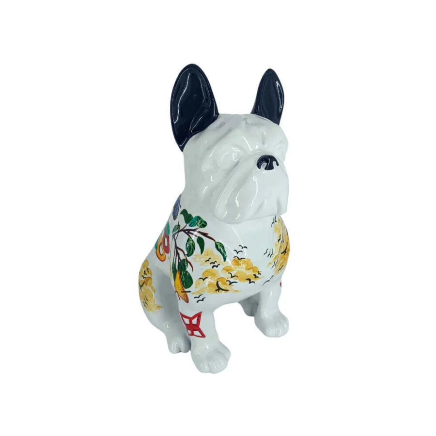 Distinguished Juliarte Seated Bulldog sculpture hand-painted with floral designs in stone powder and fiberglass with glossy finish