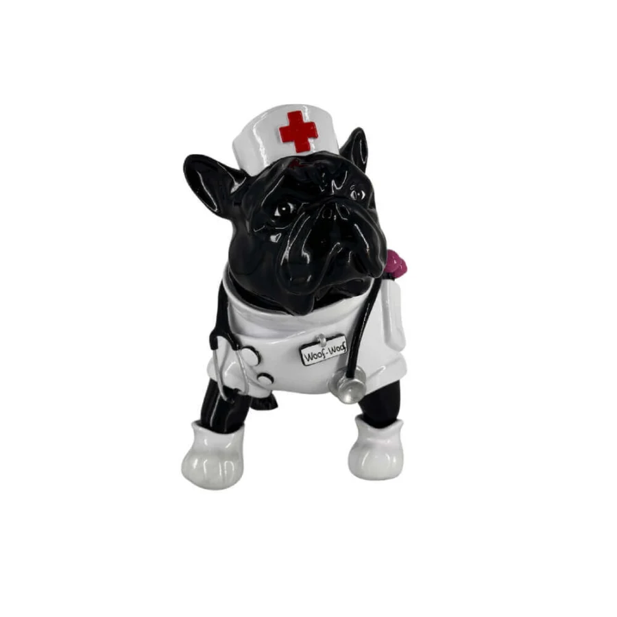 Superior Juliarte Bulldog Parade sculpture handcrafted in stone powder and fiberglass with glossy black and white accents