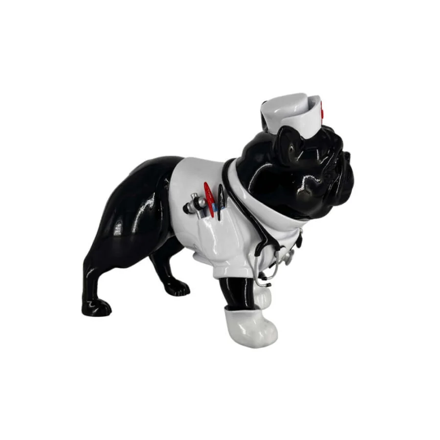 Distinguished Juliarte Bulldog Parade sculpture crafted in stone powder and fiberglass with glossy black and white plus red medical detailing