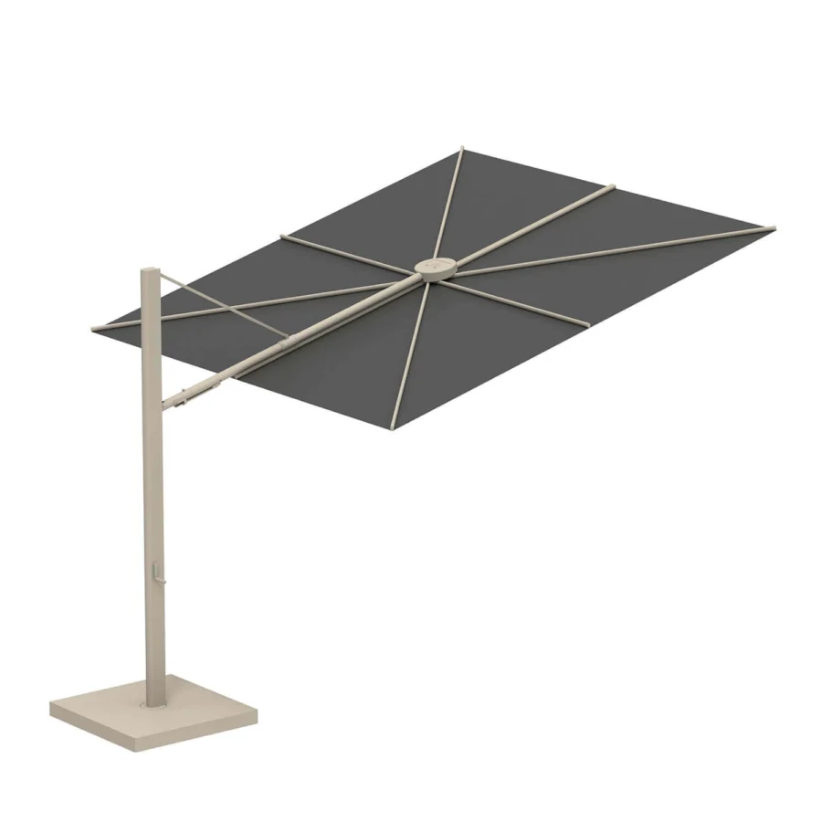 Exceptional Royal Botania Solaz umbrella with a dark gray textile canopy and light beige satin metal frame