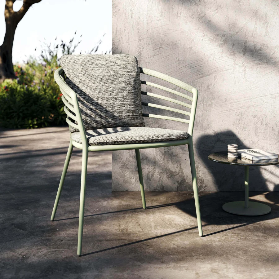 Superior Royal Botania Archy armchair with a matte Sage metal frame and textured mottled gray Batyline seat