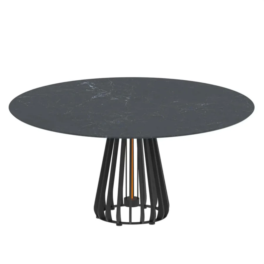 Distinguished Royal Botania Furniz table with a dark, stone-like tabletop and polished cage-like base crafted for outdoor settings
