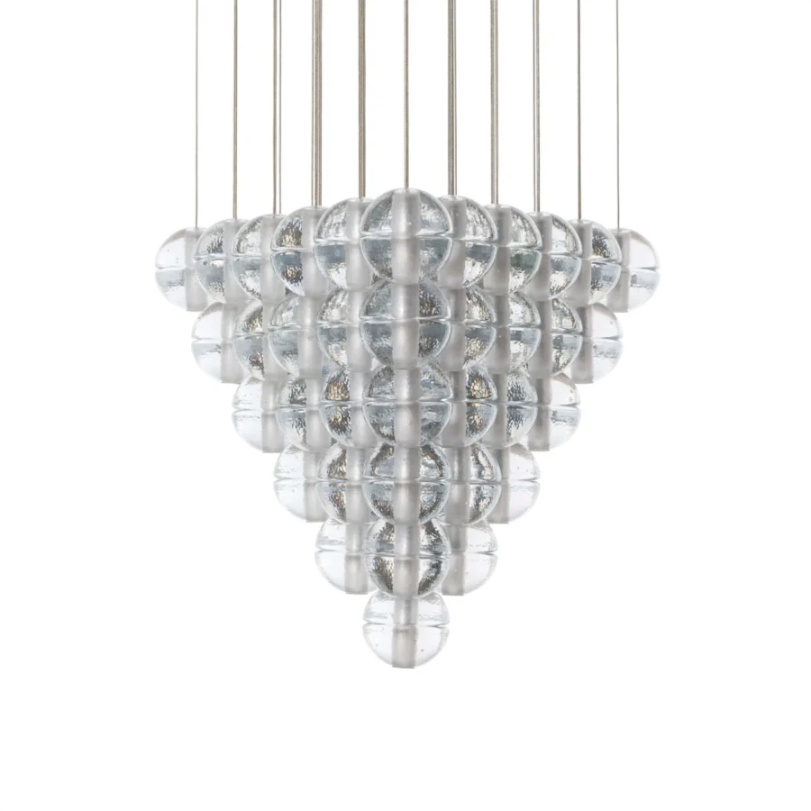 Elegant Bocci 14 Geometric suspension lamp with numerous clear glass elements and light-colored metal rods offering subtle silver-grey reflections