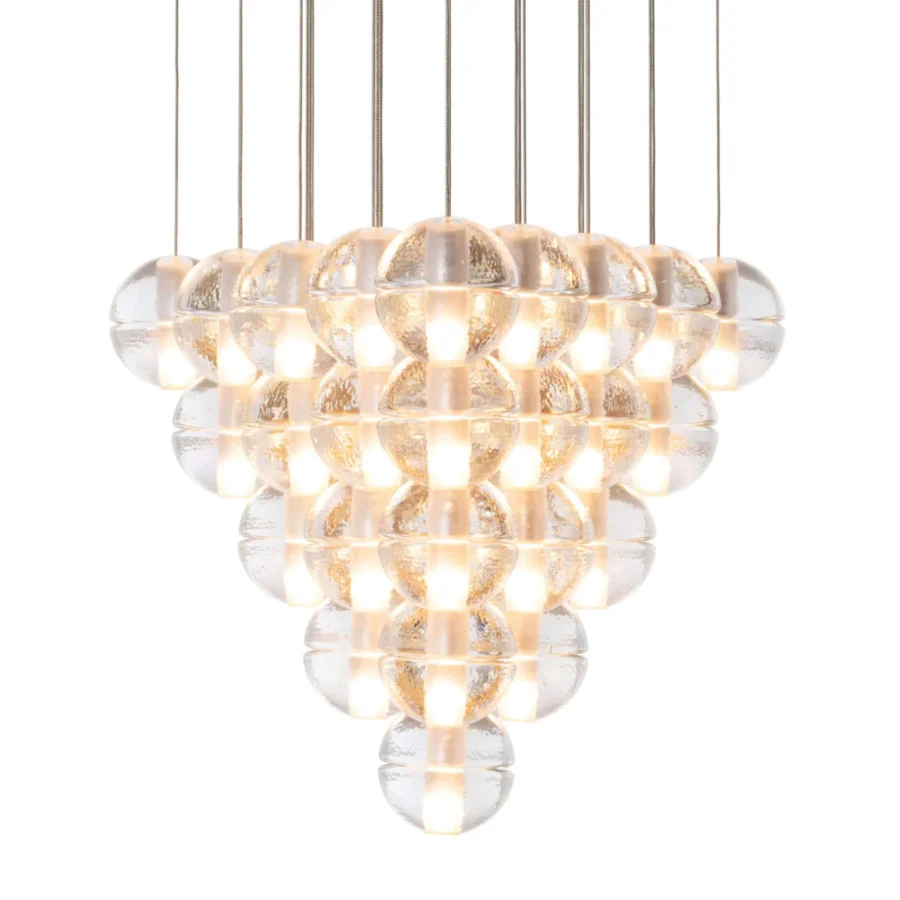 Superior Bocci 14 Geometric suspension lamp with clear glass and reflective metallic components exhibiting a glossy finish
