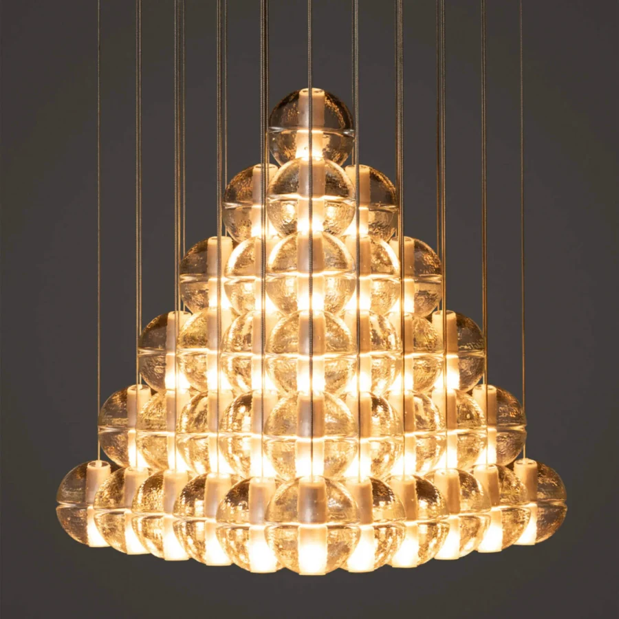 Distinguished Bocci 14 Geometric suspension lamp with textured glass in warm golden amber and coaxial cable system