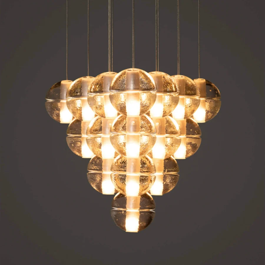 Elegant Bocci 14 Geometric suspension lamp with translucent amber hand-blown glass spheres and glossy finish