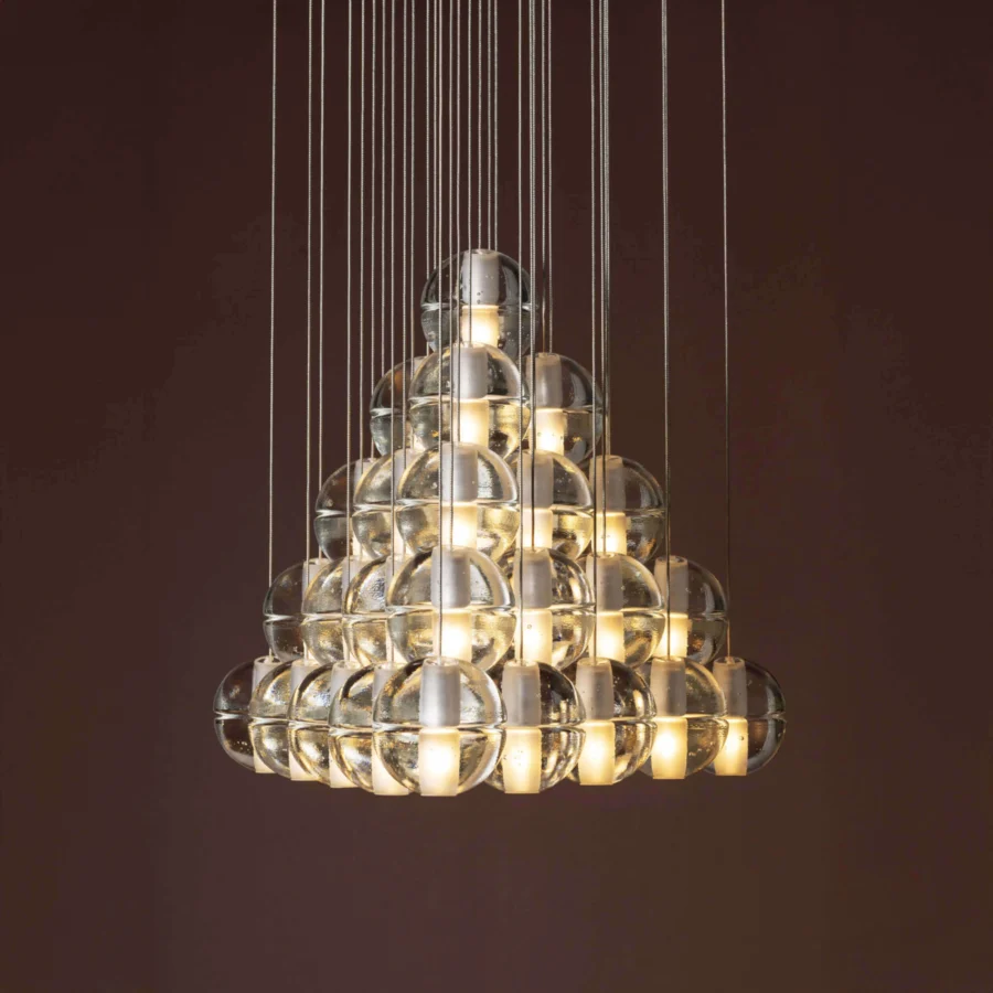 Exceptional Bocci 14 Geometric suspension lamp with layered glass elements and satin metal finish