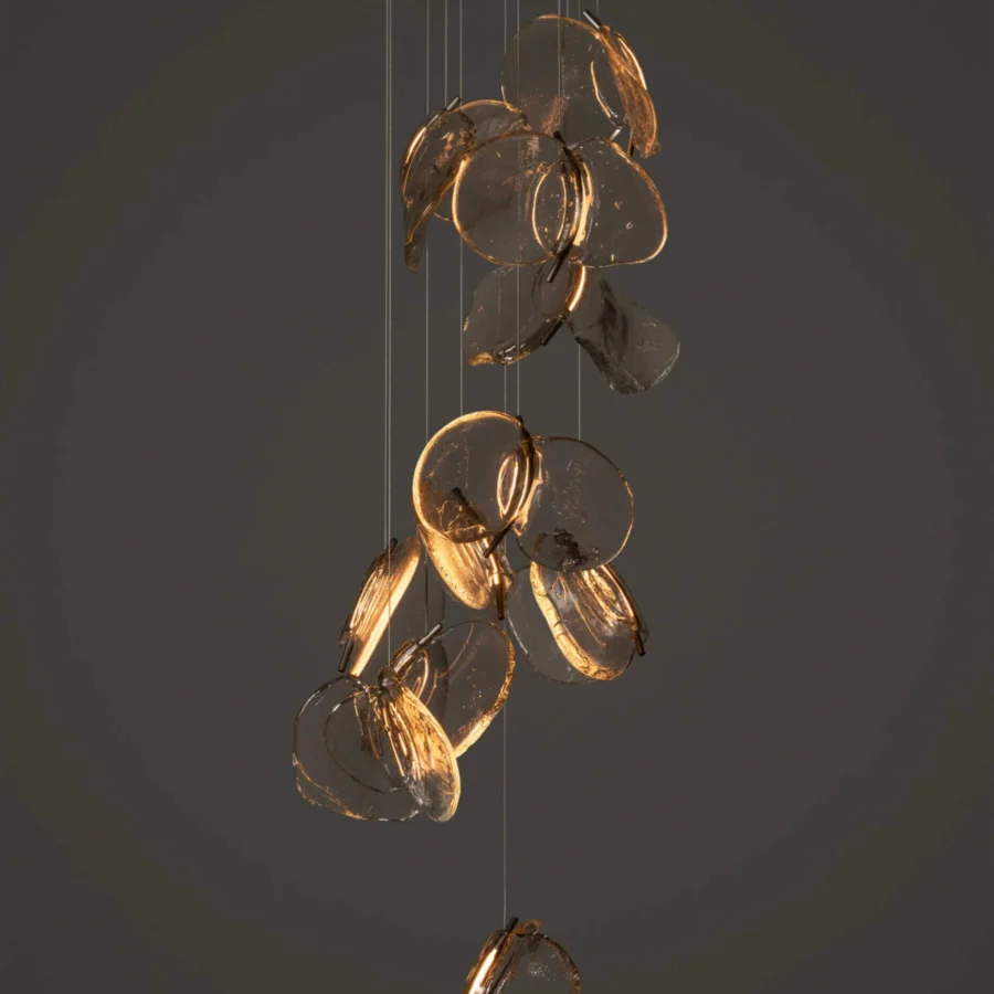 Distinguished Bocci 141 Random suspension lamp with cascading hand-poured glass pendants and white-powder coated canopy