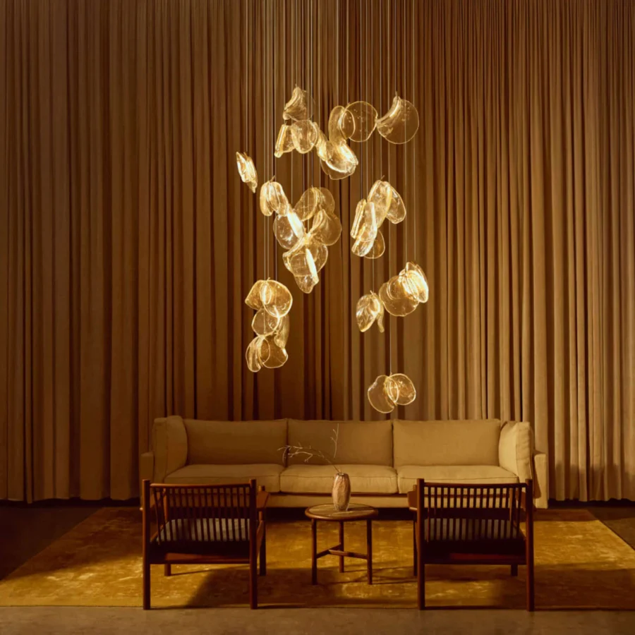 Superior Bocci 141 Random suspension lamp with interconnected poured glass elements and white-powder coated canopy