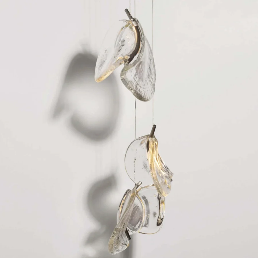 Superior Bocci 141 Random suspension lamp crafted with hand-blown glass pendants exhibiting glossy finish and gold-toned metal accents