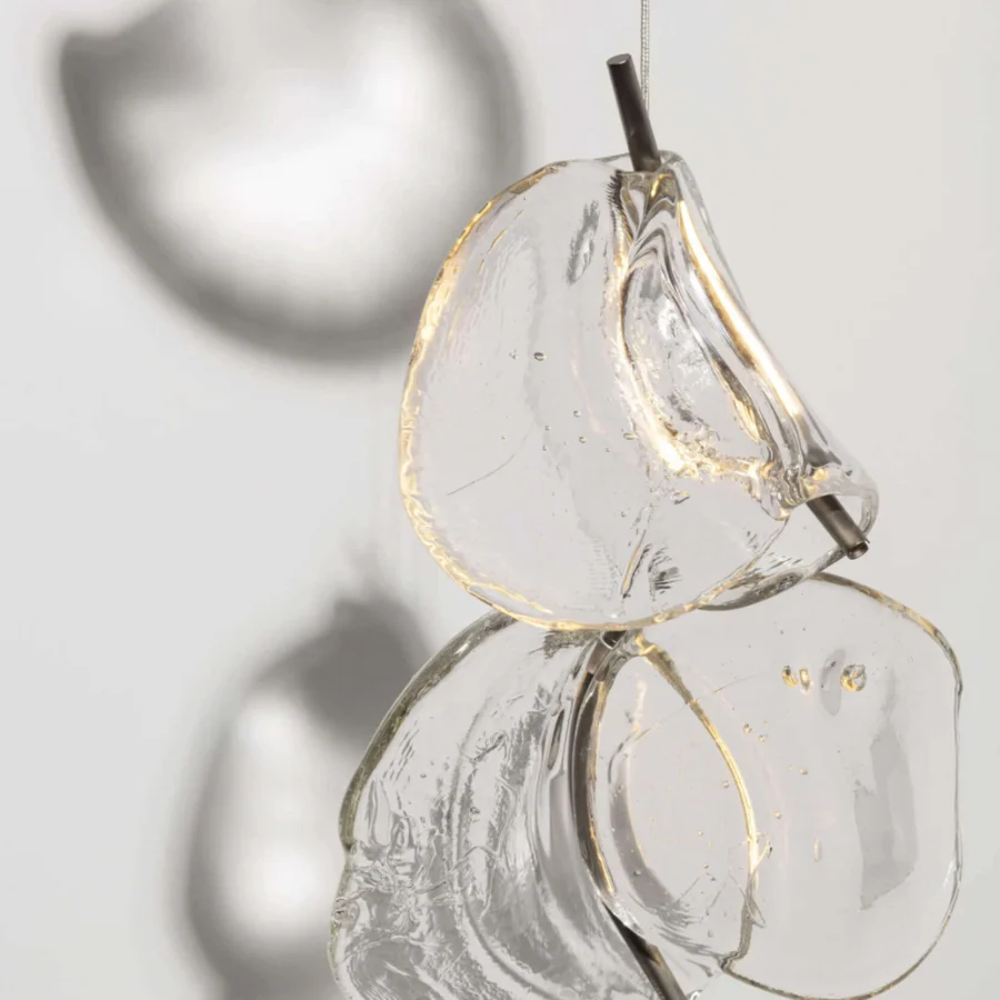 Distinguished Bocci 141 Random suspension lamp crafted with clear glass pendants exhibiting organic forms and subtle gray shadows