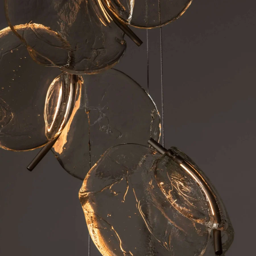 Superior Bocci 141 Random suspension lamp with translucent amber glass pendants and glossy finish