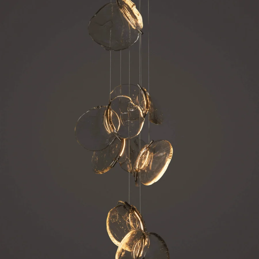 Distinguished Bocci 141 Random suspension lamp crafted in poured glass with warm golden amber inclusions and a coaxial cable system