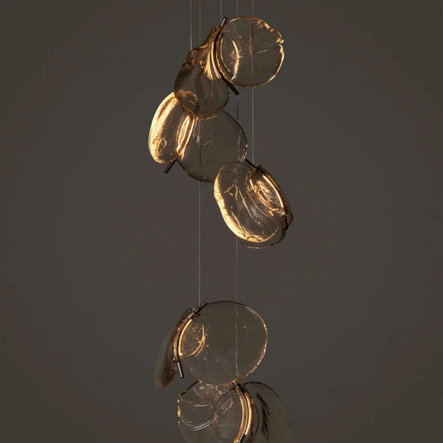 Superior Bocci 141 Random suspension lamp with hand-blown glass pendants and warm golden-amber finish crafted with a coaxial cable system