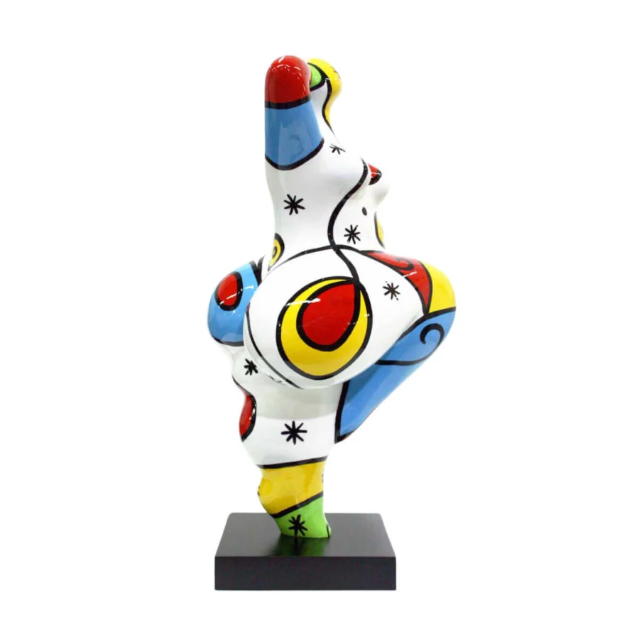 Distinguished Juliarte Baila sculpture crafted from stone powder and fiberglass with red, yellow, and blue patterns in a glossy finish