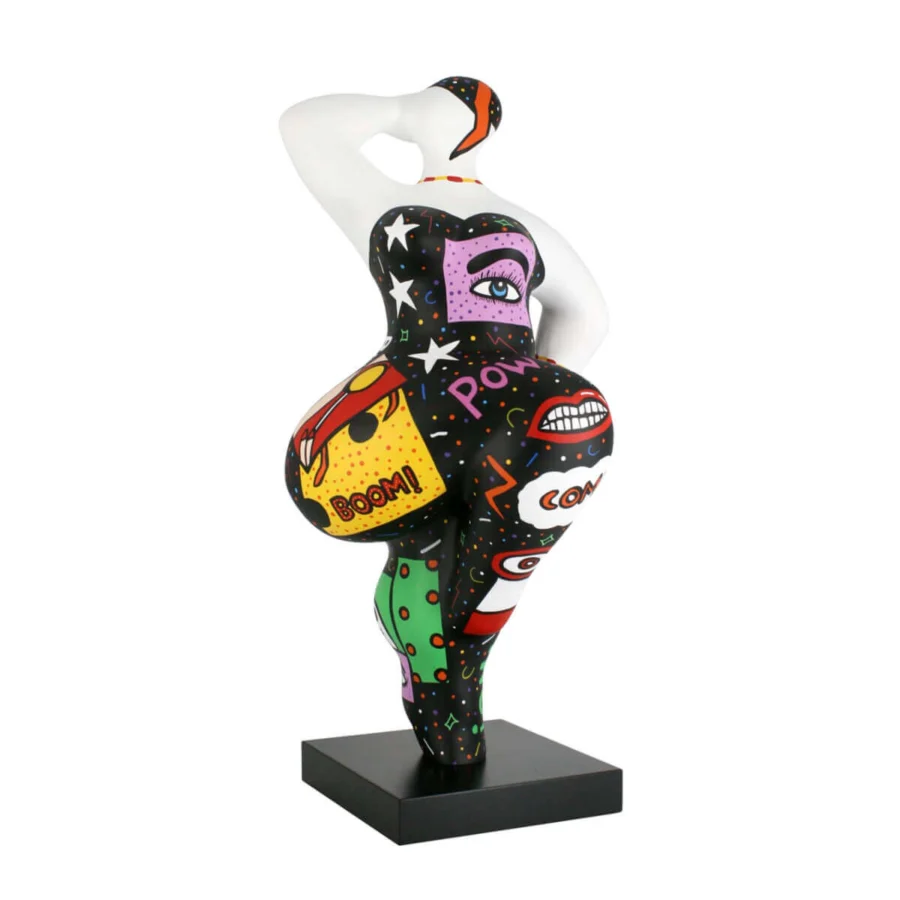 Lavish Juliarte Baila sculpture crafted in stone powder and fiberglass with a glossy, comic-inspired design in red, yellow, and green