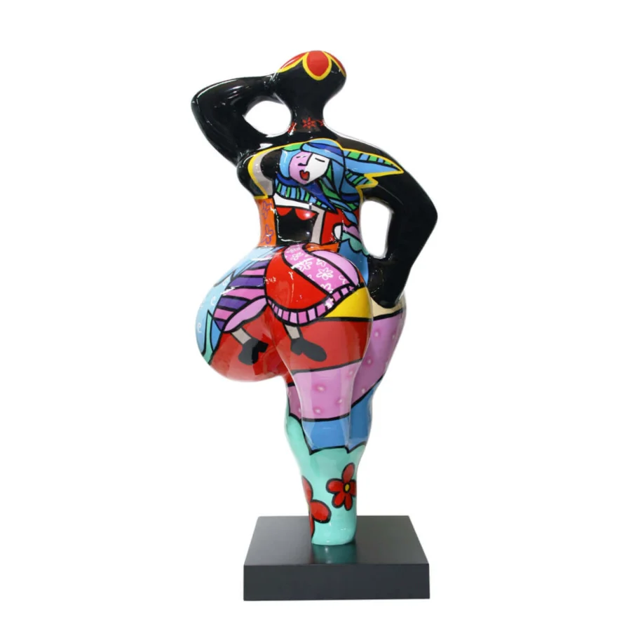 Superior Juliarte Baila sculpture crafted from stone powder and fiberglass with vibrant patchwork and glossy finish