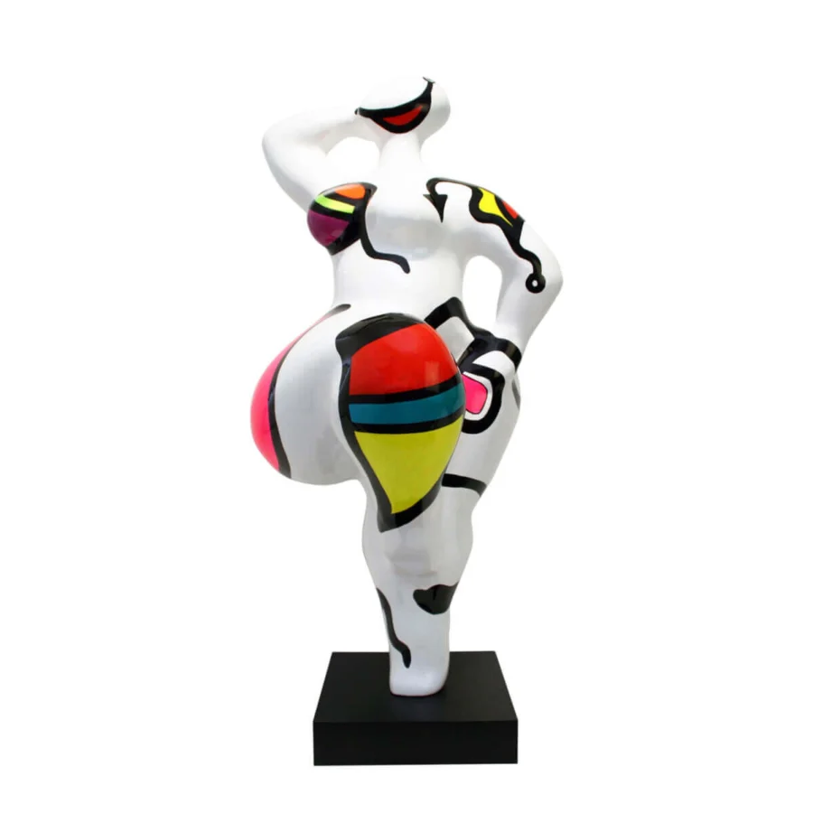 Superior Juliarte Baila sculpture crafted from stone powder and fiberglass with glossy white finish and vibrant accents