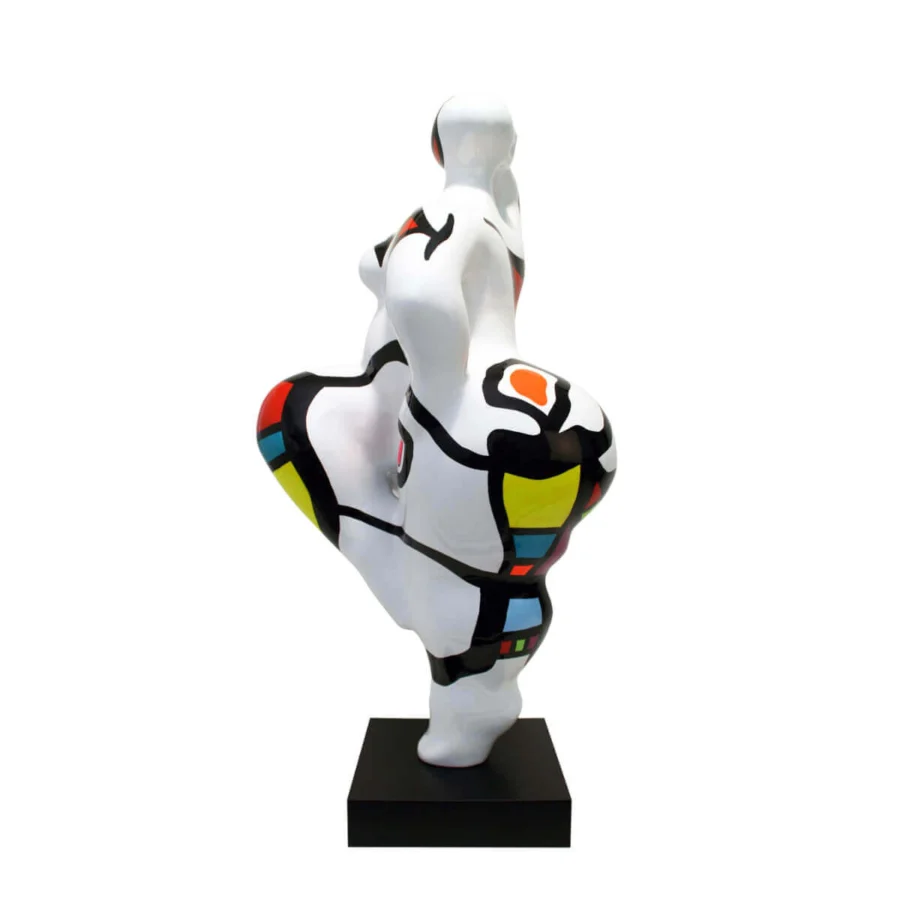 Distinguished Juliarte Baila sculpture crafted from stone powder and fiberglass with vibrant geometric shapes and glossy finish