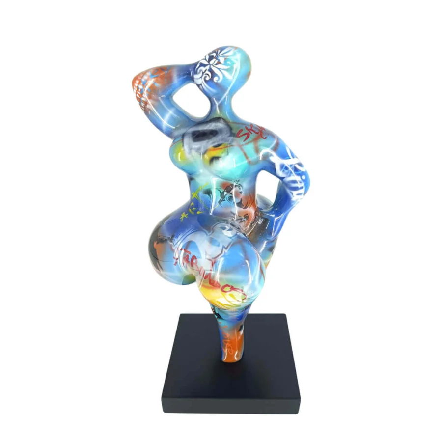 Exclusive Juliarte Baila sculpture crafted from stone powder and fiberglass with glossy blue and vibrant graffiti markings