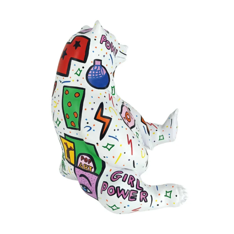 Exceptional Juliarte Seated Bear sculpture crafted from stone powder and fiber glass with a glossy white and colorful pop art design