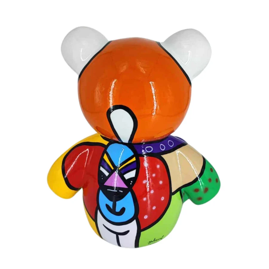 Exceptional Juliarte Teddy sculpture crafted from stone powder and fiber glass with a glossy orange head and patchwork body
