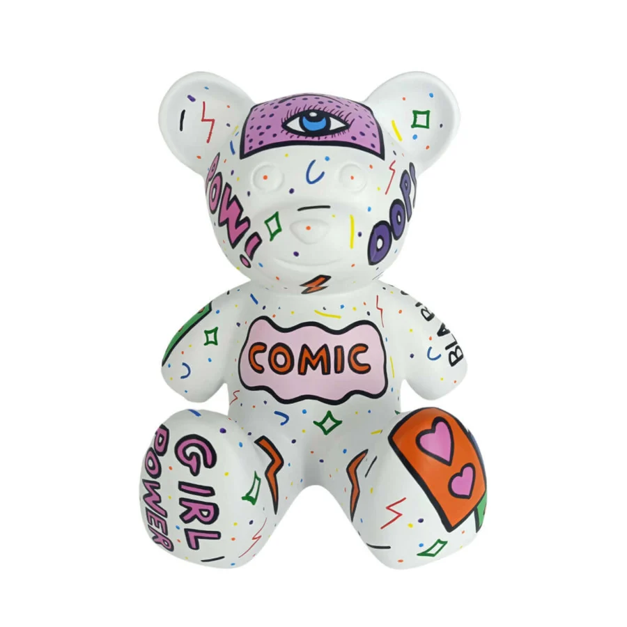 Exceptional Juliarte Teddy sculpture crafted from stone powder and fiber glass with a glossy white finish and comic-inspired graphics