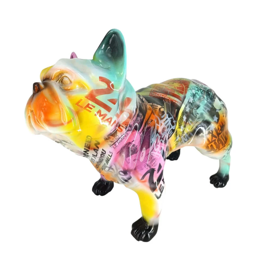 Exclusive Juliarte French Bulldog sculpture crafted from stone powder and fiberglass with vibrant street art-inspired hues and a glossy finish
