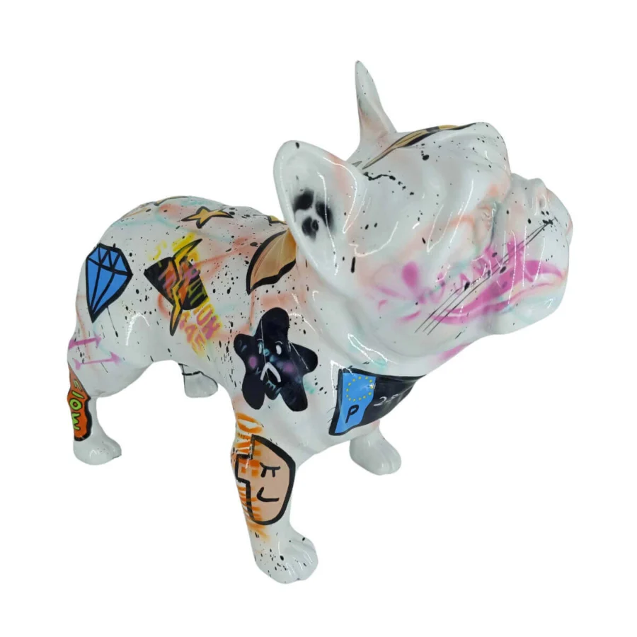 Exclusive Juliarte French Bulldog sculpture crafted from stone powder and fiber glass with glossy white and vibrant graffiti embellishments
