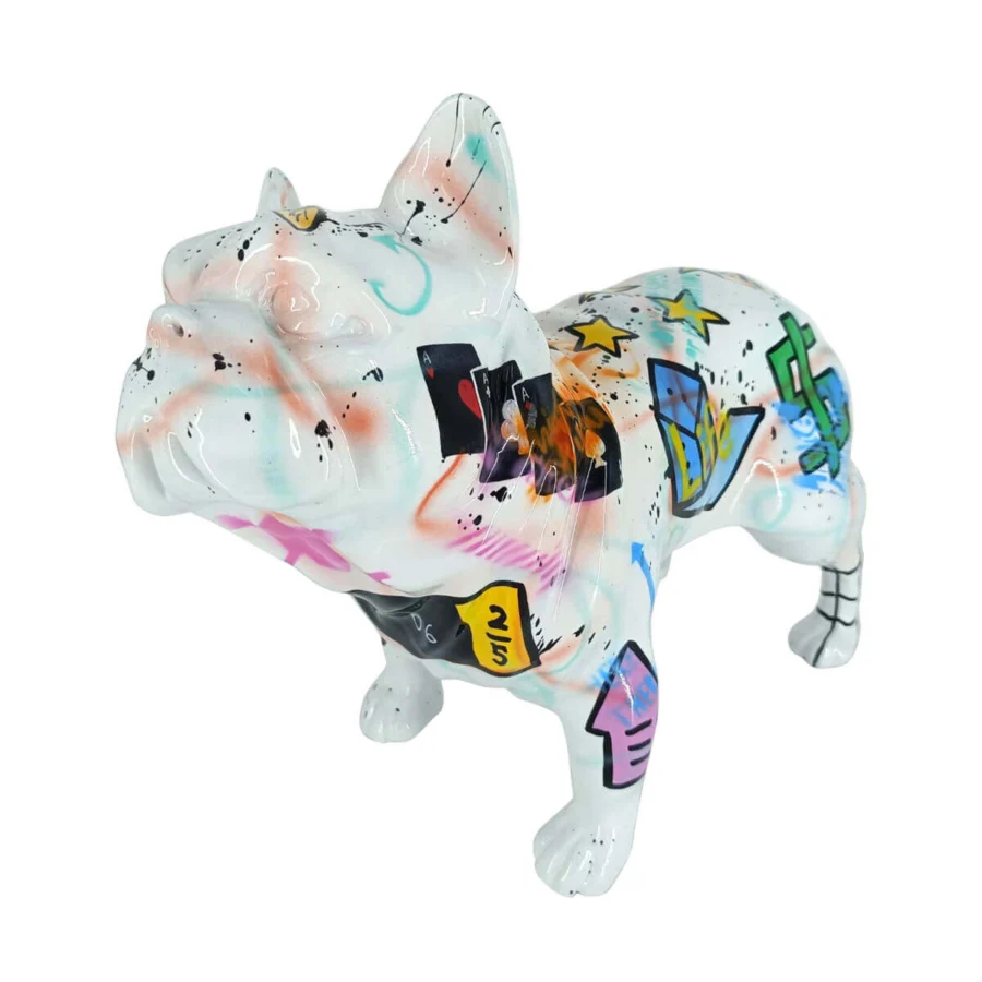 Distinguished Juliarte French Bulldog sculpture crafted from stone powder and fiber glass with glossy white and vibrant graffiti finish