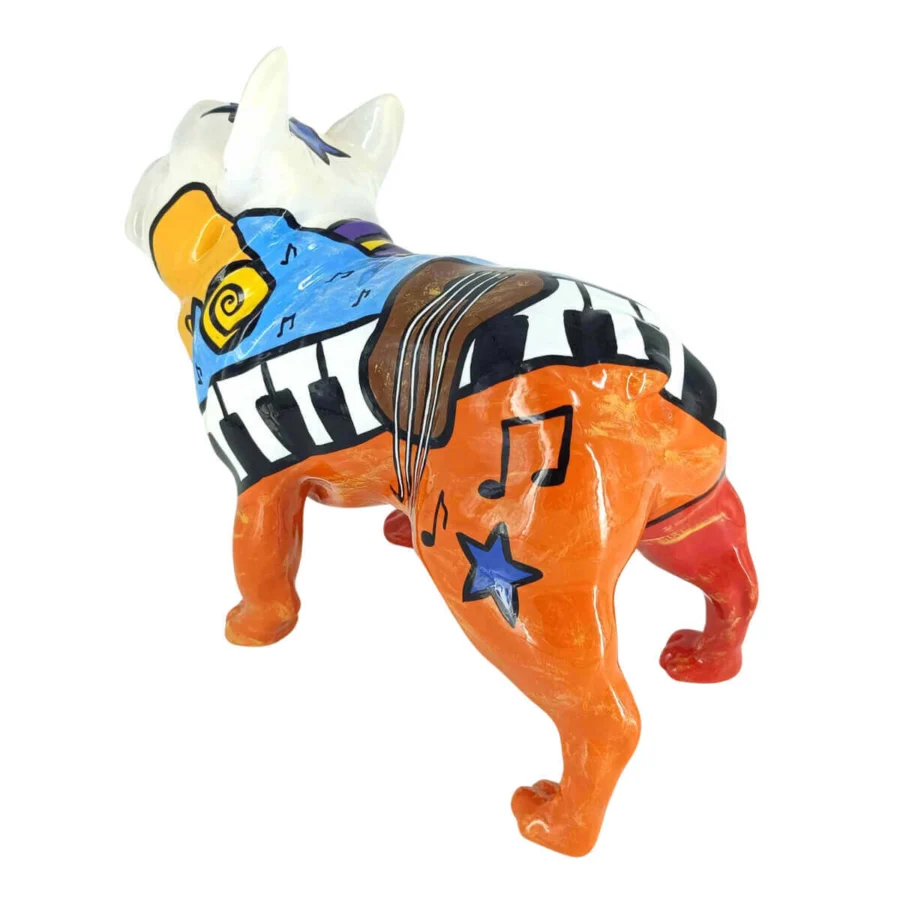 Exceptional Juliarte French Bulldog - Picasso Piano sculpture hand-painted in vibrant orange and white with a glossy finish crafted from stone powder and fiber glass