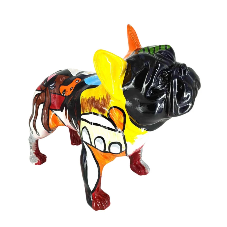 Exceptional Juliarte French Bulldog sculpture crafted in vibrant cubist style from stone powder and fiberglass with hand-painted fragmentation