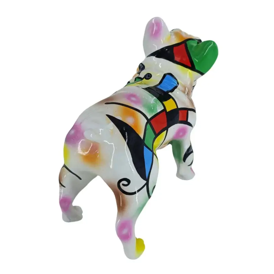 Distinguished Juliarte French Bulldog - Miró II sculpture with vibrant geometric patterns in stone powder and fiberglass, glossy finish