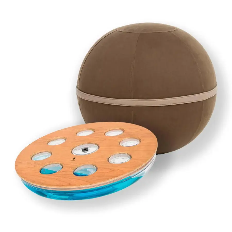 Elegant NOHRD Eau-Me Board + Viva Ball wellness set with translucent blue accents and a medium brown textile-covered ball in satin wood finish
