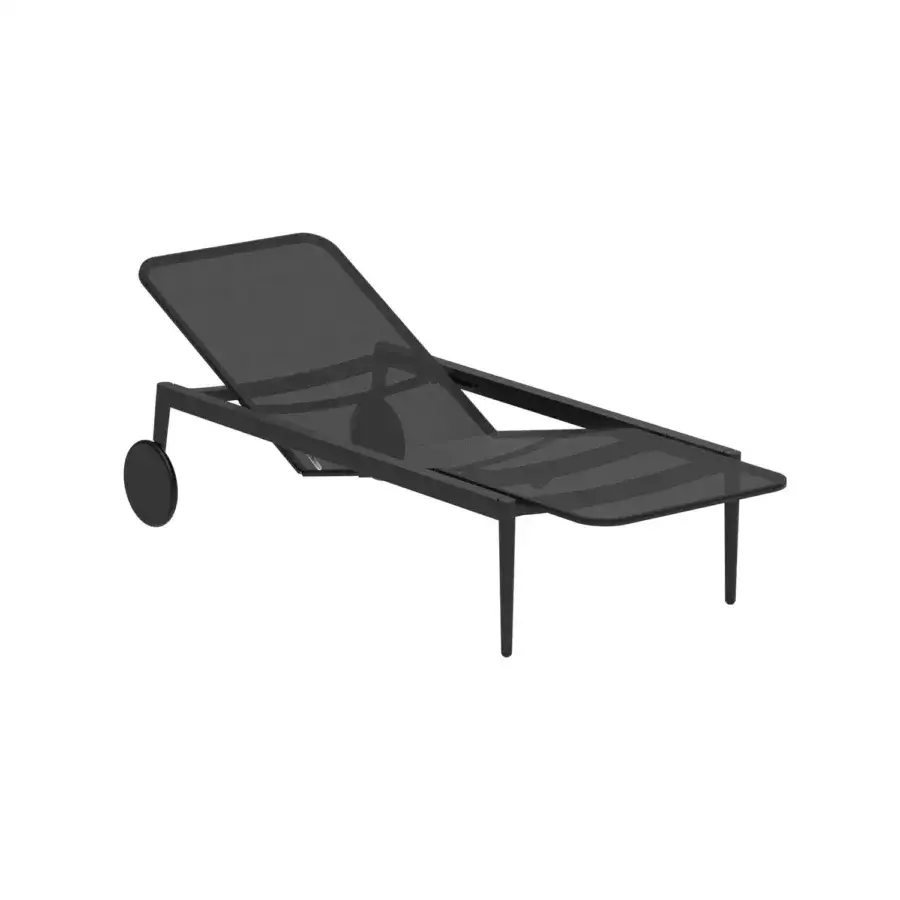 Elegant Royal Botania Styletto lounger with dark textile stretched across a black metal frame and includes a head cushion