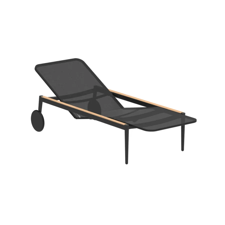 Exceptional Royal Botania Styletto lounger with matte black metal framing and dark mesh seating built with light wood accents