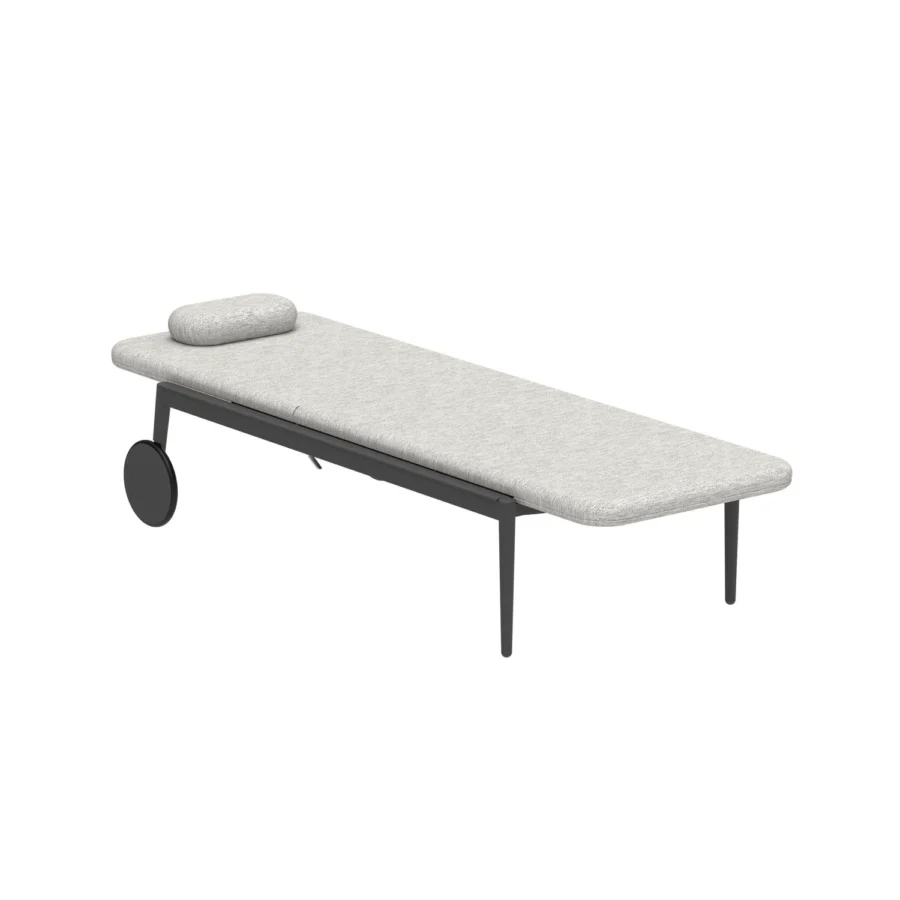 Superior Royal Botania Styletto lounger with light gray textile and dark matte metal framing built with integrated wheels