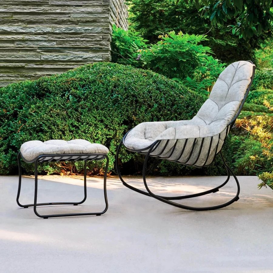 Distinctive Royal Botania Folia Rocking Lounge Chair with light gray fabric and powder-coated metal evokes organic forms for relaxing comfort