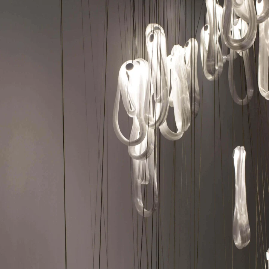 Luxury Bocci 87 single suspension lamp crafted with pale gray super-heated glass and delicate microfilaments creating a pearlescent quality