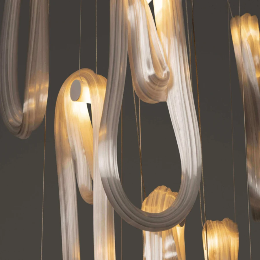 Distinguished Bocci 87 Random suspension lamp crafted in translucent off-white glass with a satin finish and delicate microfilaments