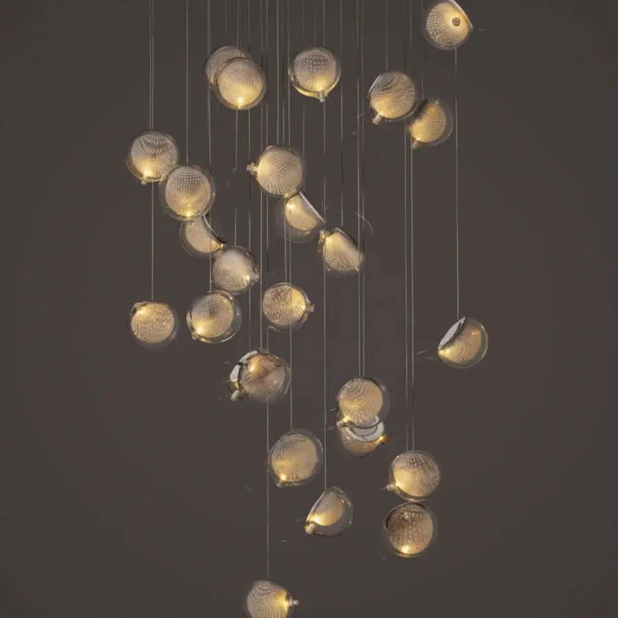 Luxury Bocci 76 Random suspension lamp with clusters of hot white and clear glass plus delicate copper mesh detailing