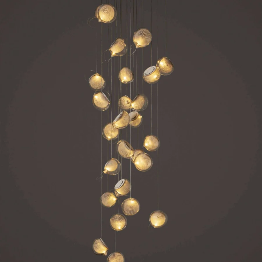Captivating Bocci 76 Random suspension lamp with cascading hot white and clear glass plus copper mesh detailing and white powder-coated canopy