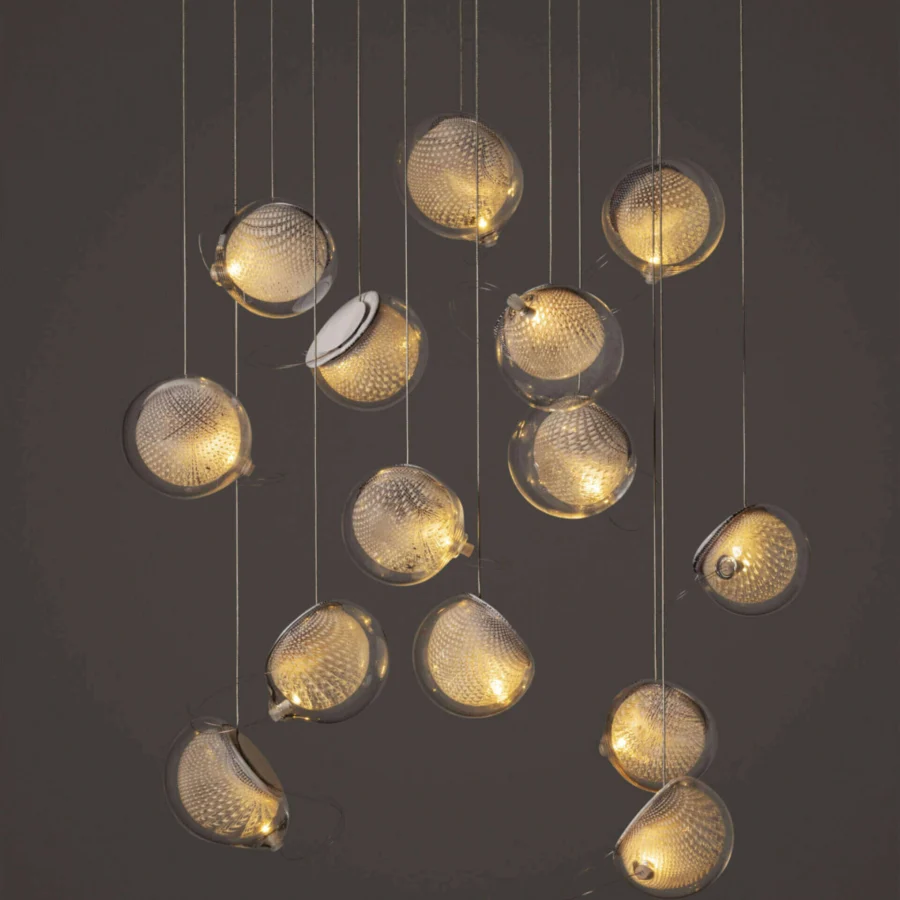 Superior Bocci 76 Random suspension lamp with hand-blown glass spheres and copper mesh in white powder-coated finish