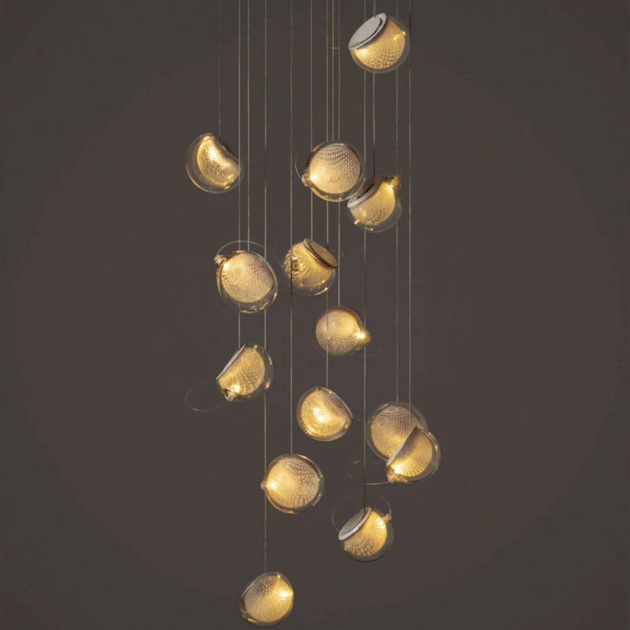 Distinguished Bocci 76 Random suspension lamp with hand-blown glass elements and delicate copper mesh in a light gold satin finish