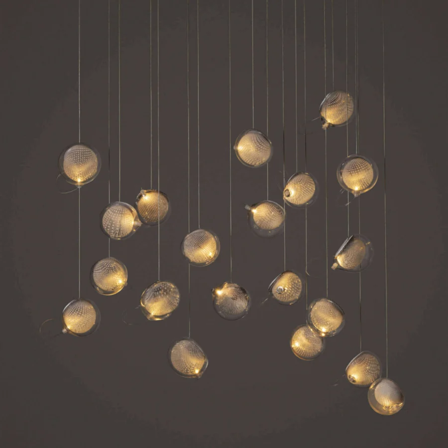 Exceptional Bocci 76 Random suspension lamp with hot white and clear glass spheres plus copper mesh and white powder-coated canopy