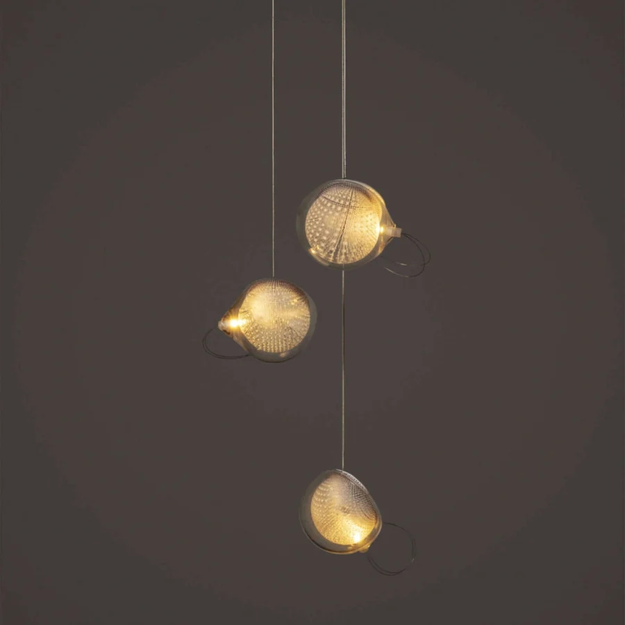 Distinguished Bocci 76 Random suspension lamp with hot white and clear glass plus golden copper mesh finish